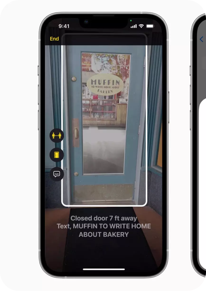 Apple's door detection feature is shown with an overlay highlighting a closed door. Beneath the image is text that reads 'Closed door 7 ft away. Text, MUFFIN TO WRITE HOME ABOUT BAKERY'.