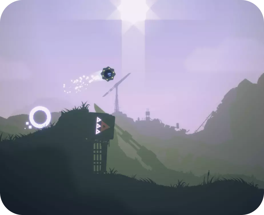 A round player character with sparks flying out the back is catapulting over the edge of a cliff. In the background is an industrial scene with cranes and metal jutting out everywhere.