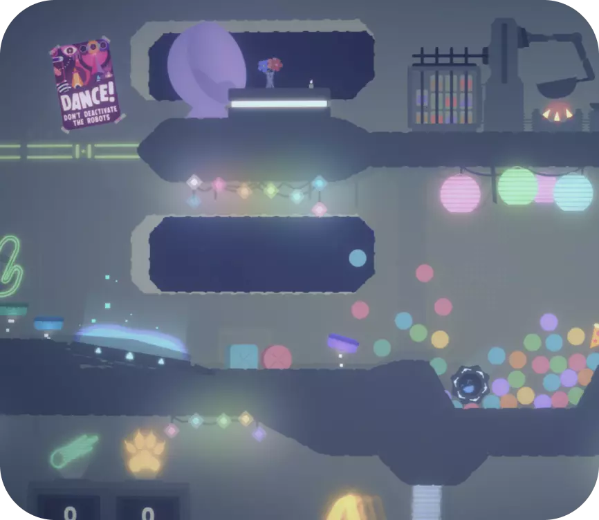 A round player character is surrounded by numerous circles of different colors. There are platforms the player can make their way to, with the top-most platform having a poster that reads 'Dance!' on it.