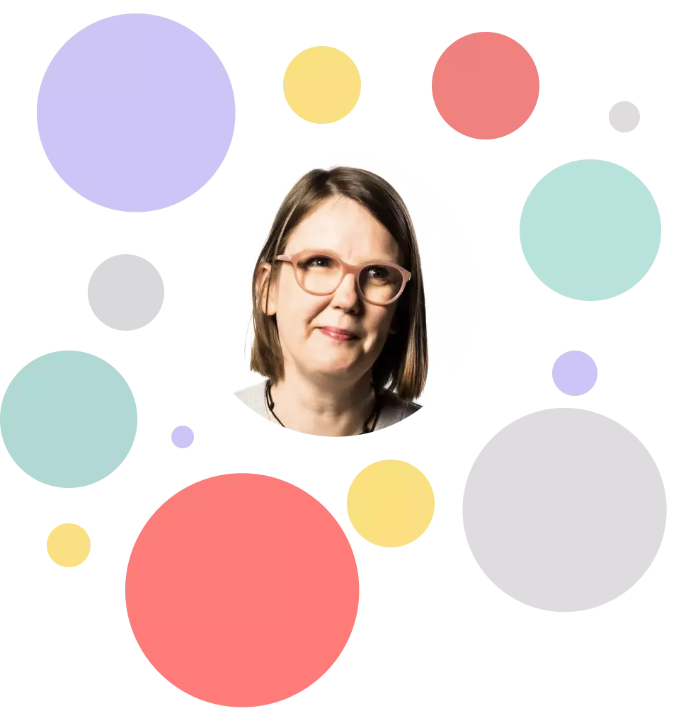 Jenny Lay-Flurrie surrounded by an assortment of colorful circles