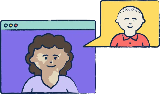 Stylized illustration of a video conference between two people, one on a desktop screen and the other popping out like a chatbox