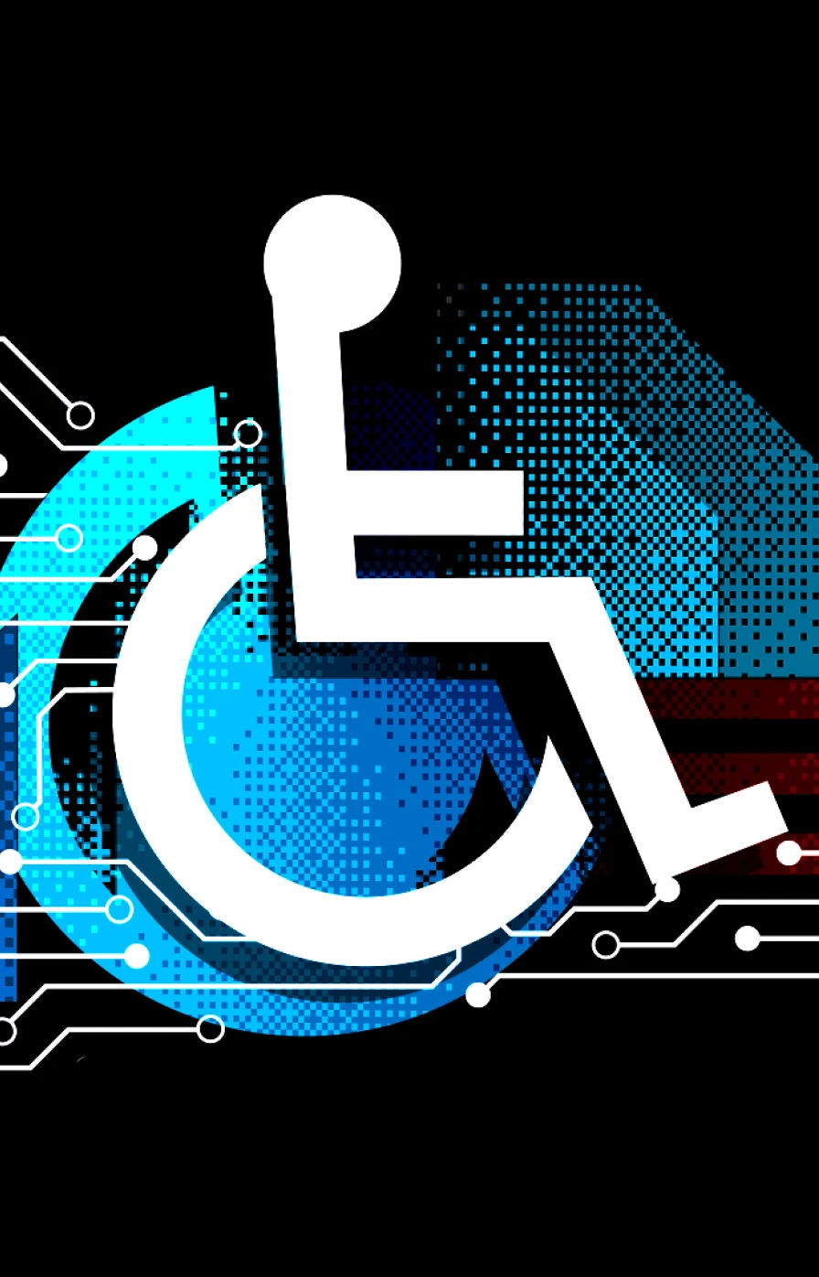 The accessibility wheelchair logo sits on top of numerous technology illustrations including a circuit board