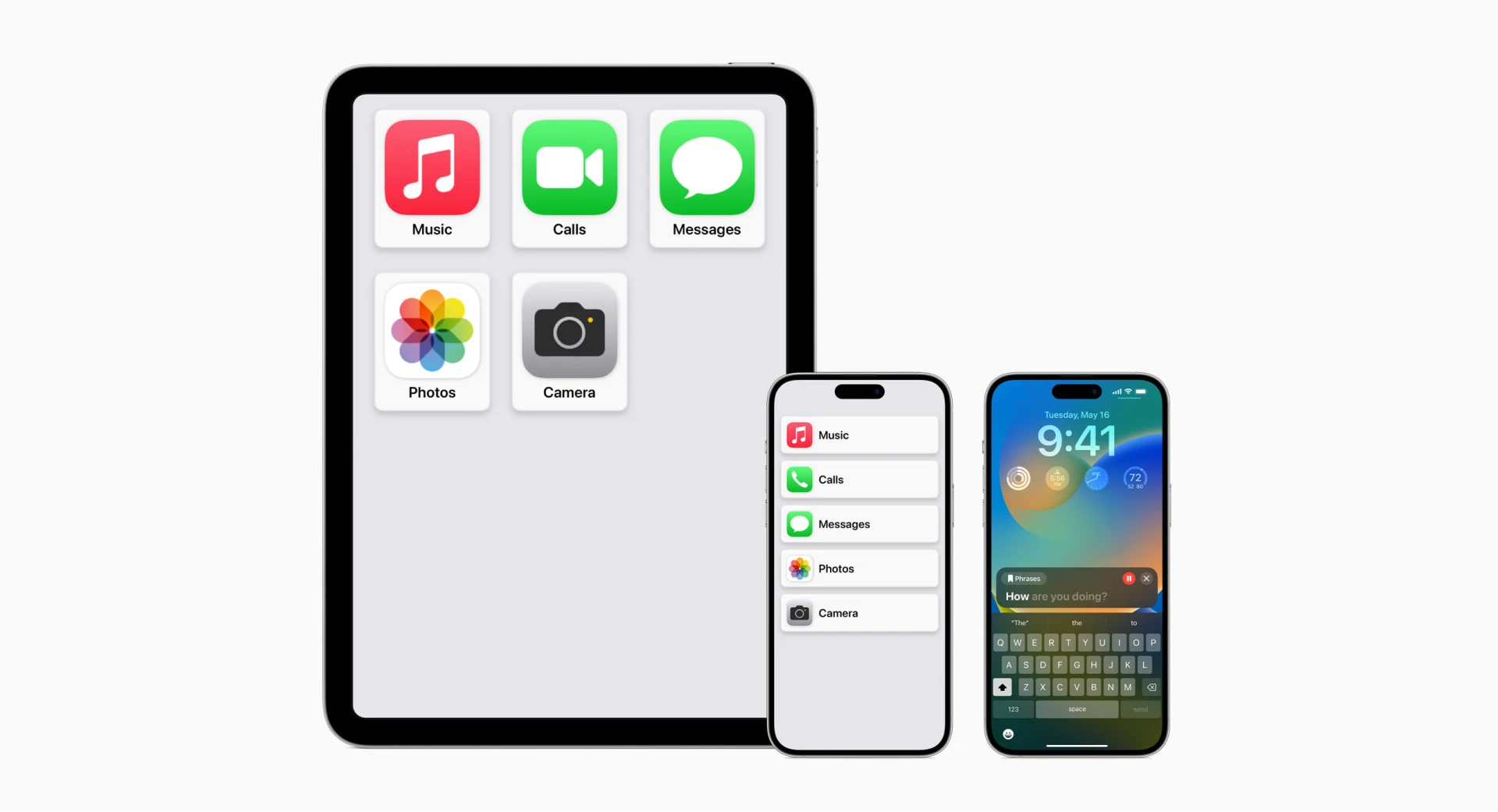 An iPad and two iPhones are shown with large icons for 'Music', 'Calls, 'Messages', and more shown on the devices