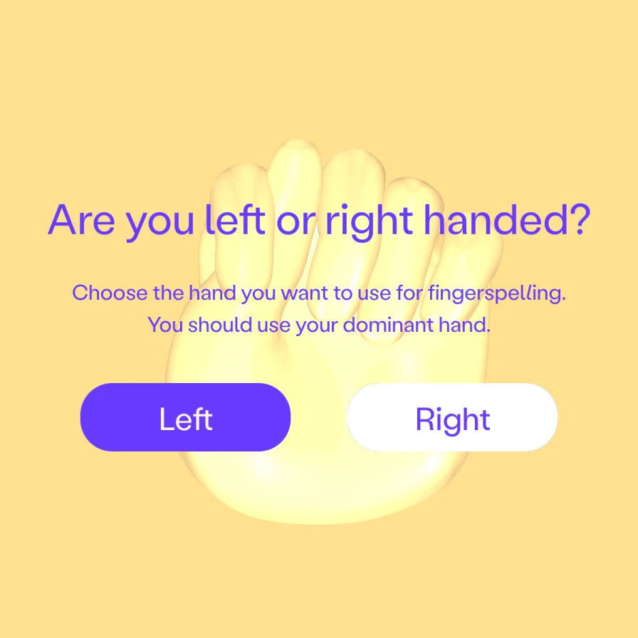 A screenshot of the fingerspelling.xyz website. The website shows a hand in the center of the screen and text asking whether the user is right or left handed