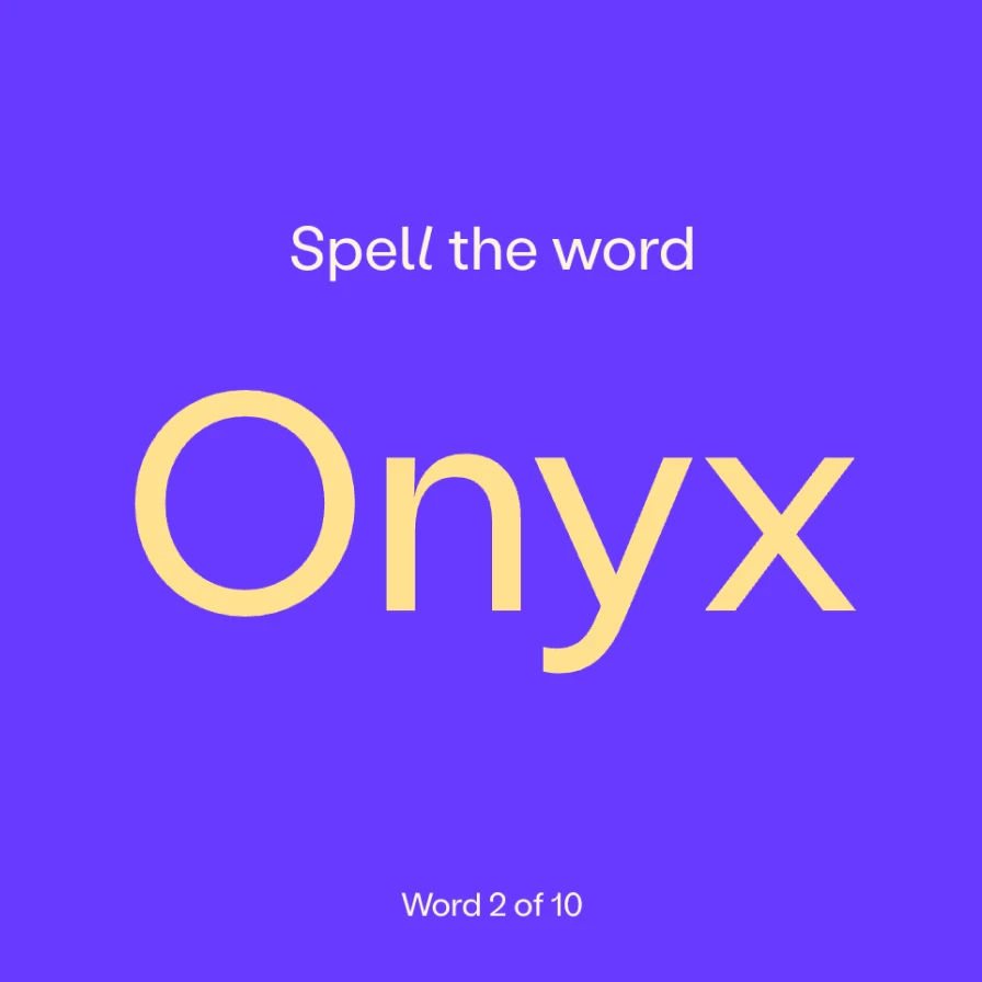 The fingerspelling.xyz website showing a hand in the center of the screen and text asking the user to spell the word Onyx