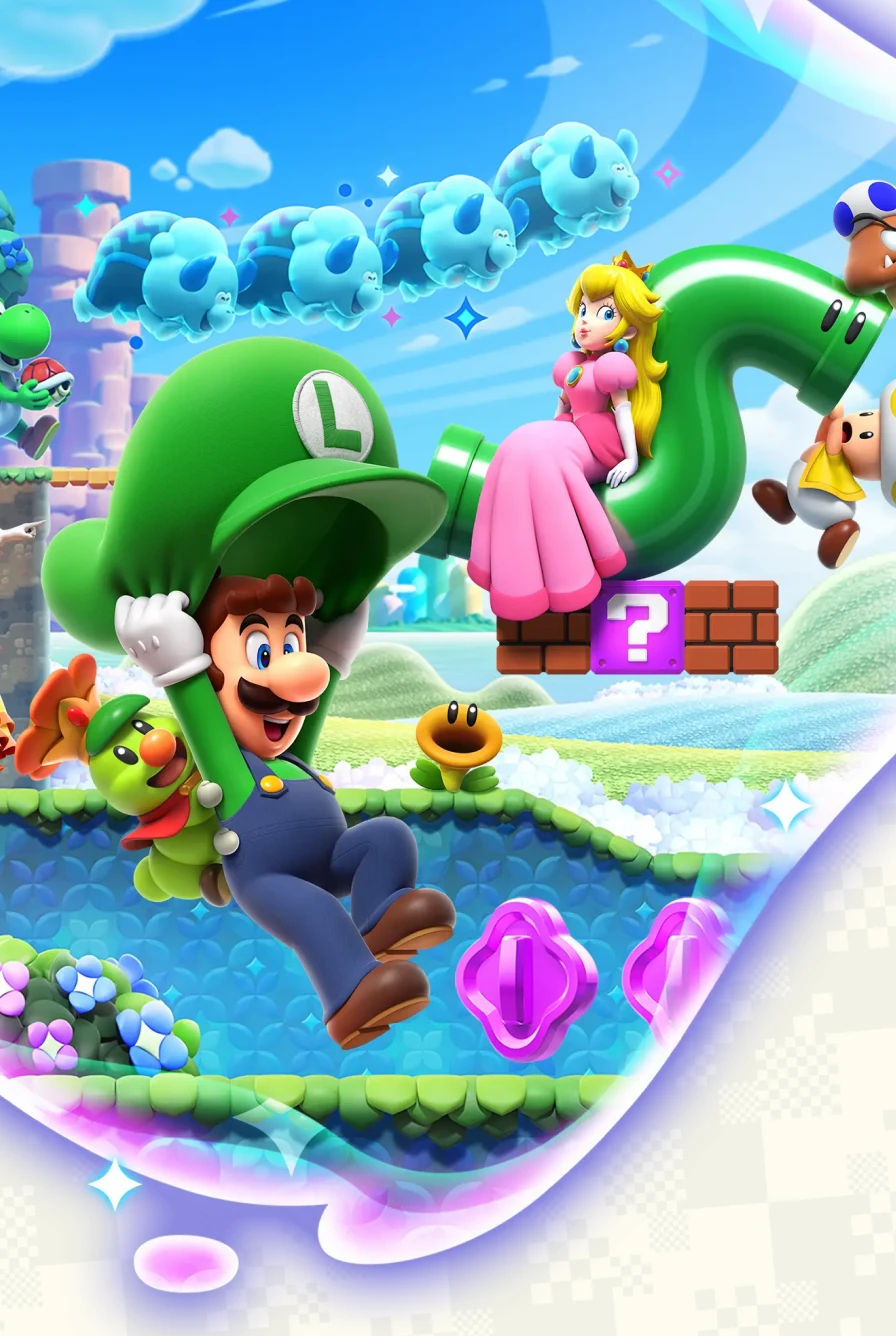 A Super Mario Bros. Wonder screenshot with Mario and Luigi jumping over a gap