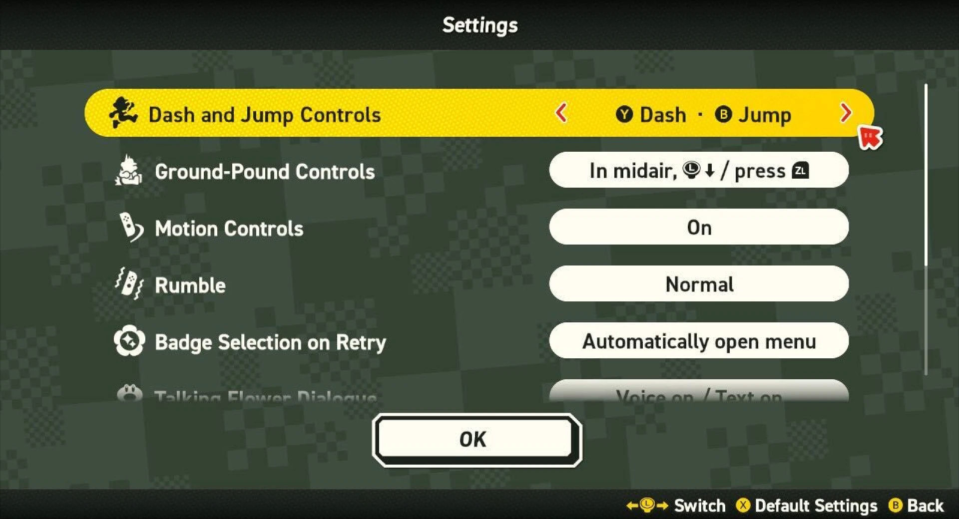The Super Mario Bros. Wonder settings screen is shown with options for changing button combinations, motion controls, rumble, and more.