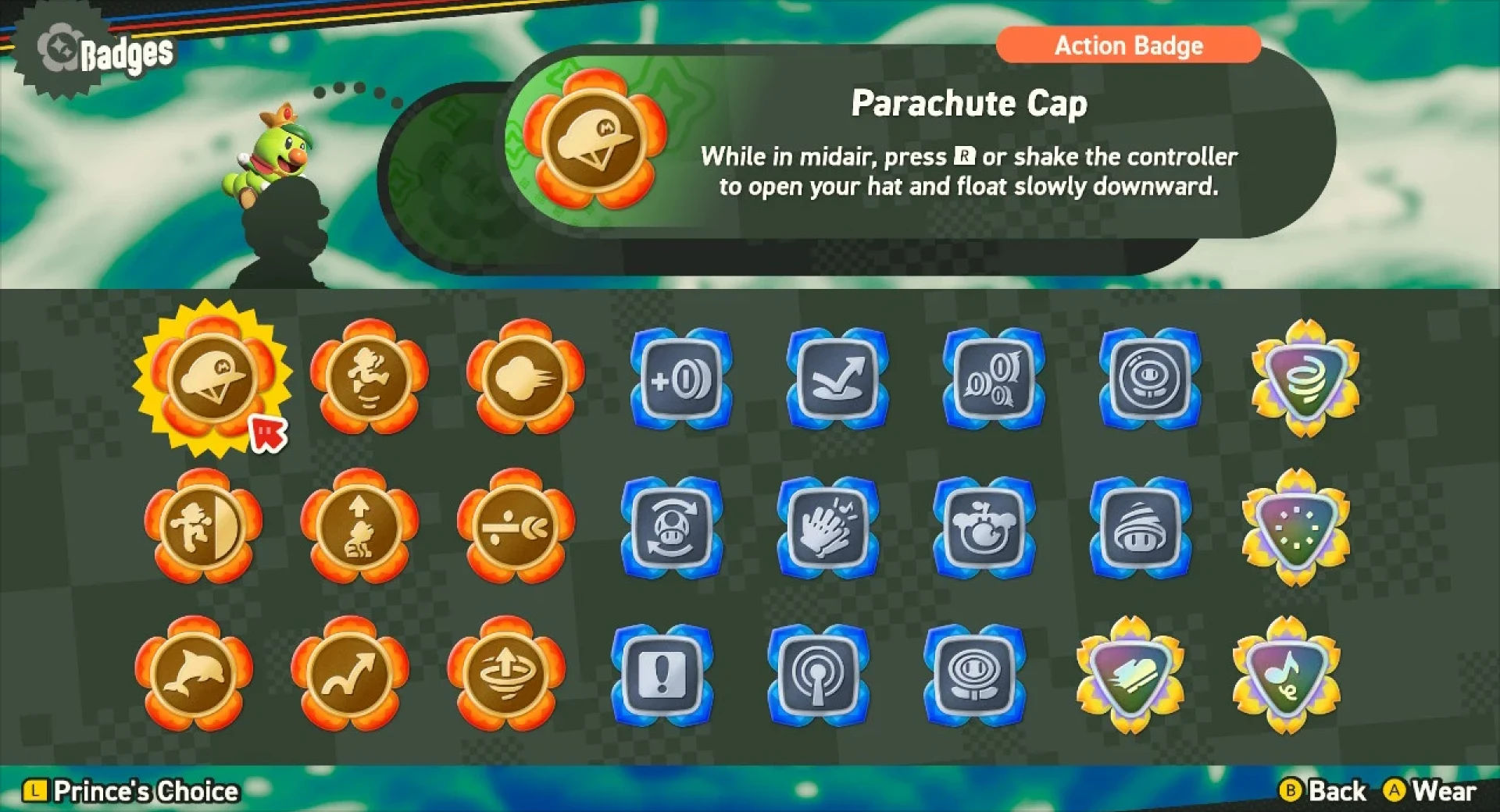The Super Mario Bros. Wonder Badges are displayed in a grid format with the Parachute Cap action badge selected.