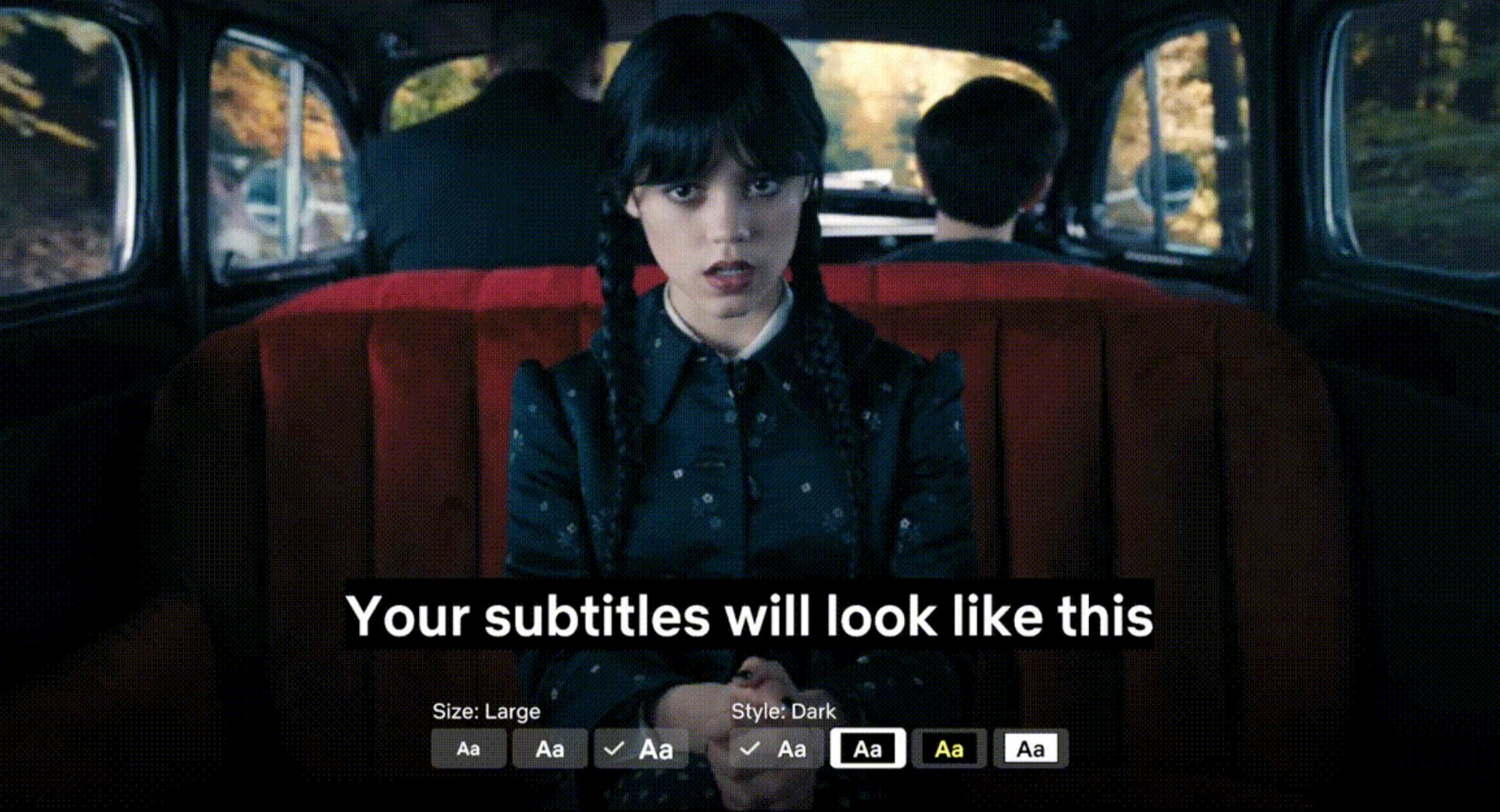 A Netflix show (Wednesday) with subtitles displayed with numerous options to change the size and style of the subtitles