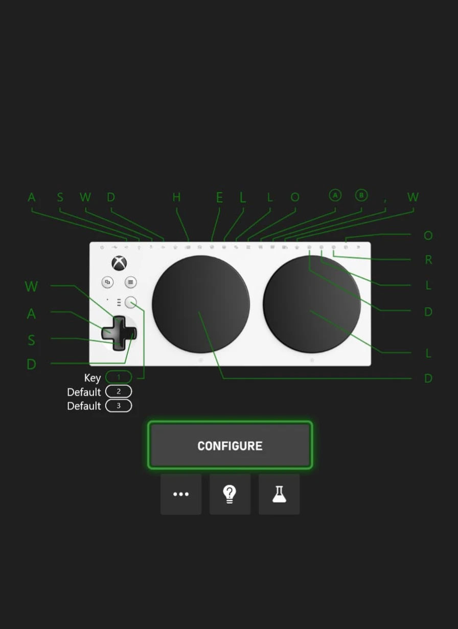 The Xbox Adaptive Controller settings screen is shown with the 'Configure' button highlighted