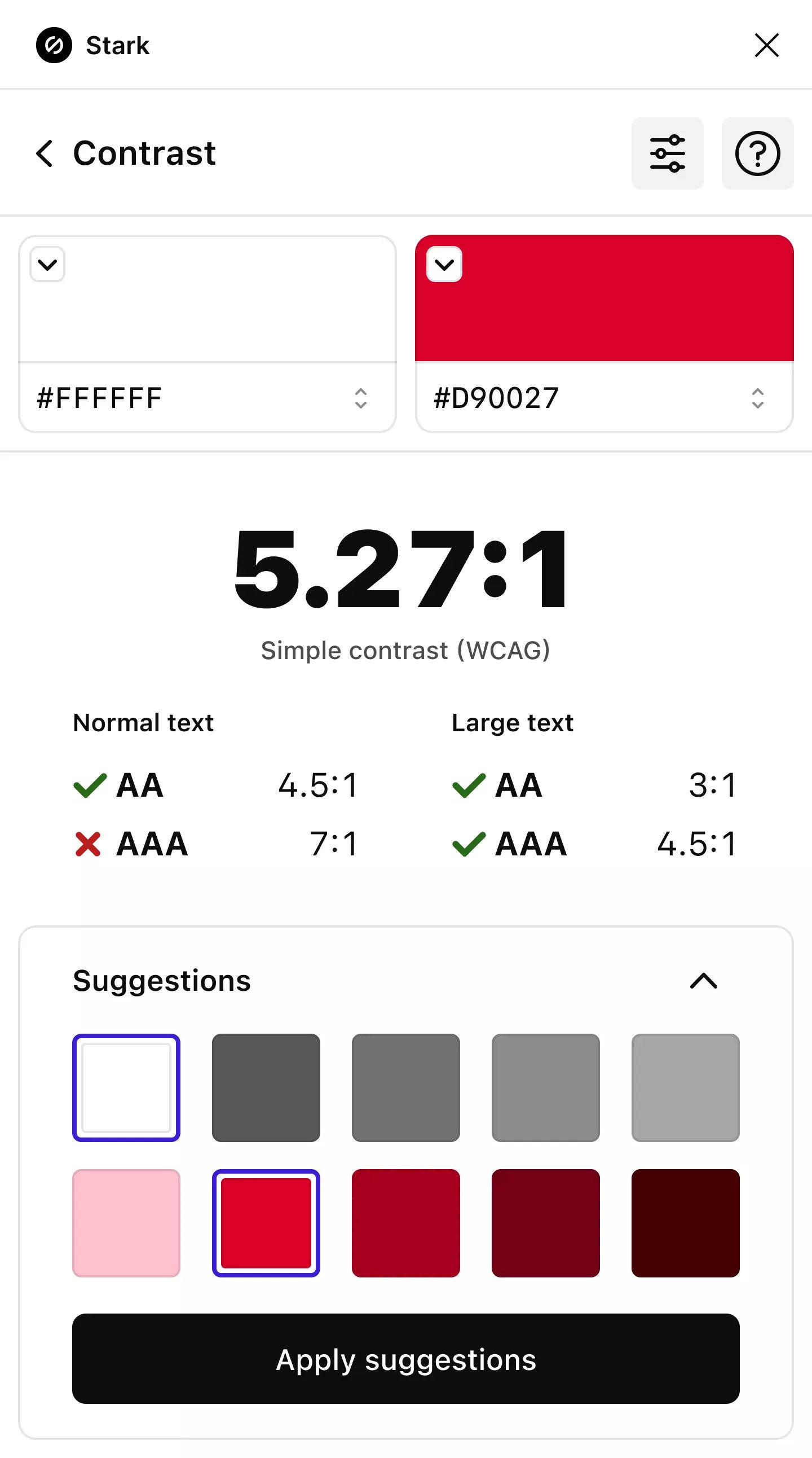 The Stark Contrast Checker showing white and red colors failing AAA WCAG standards and showing two rows of passing suggested colors at the bottom.