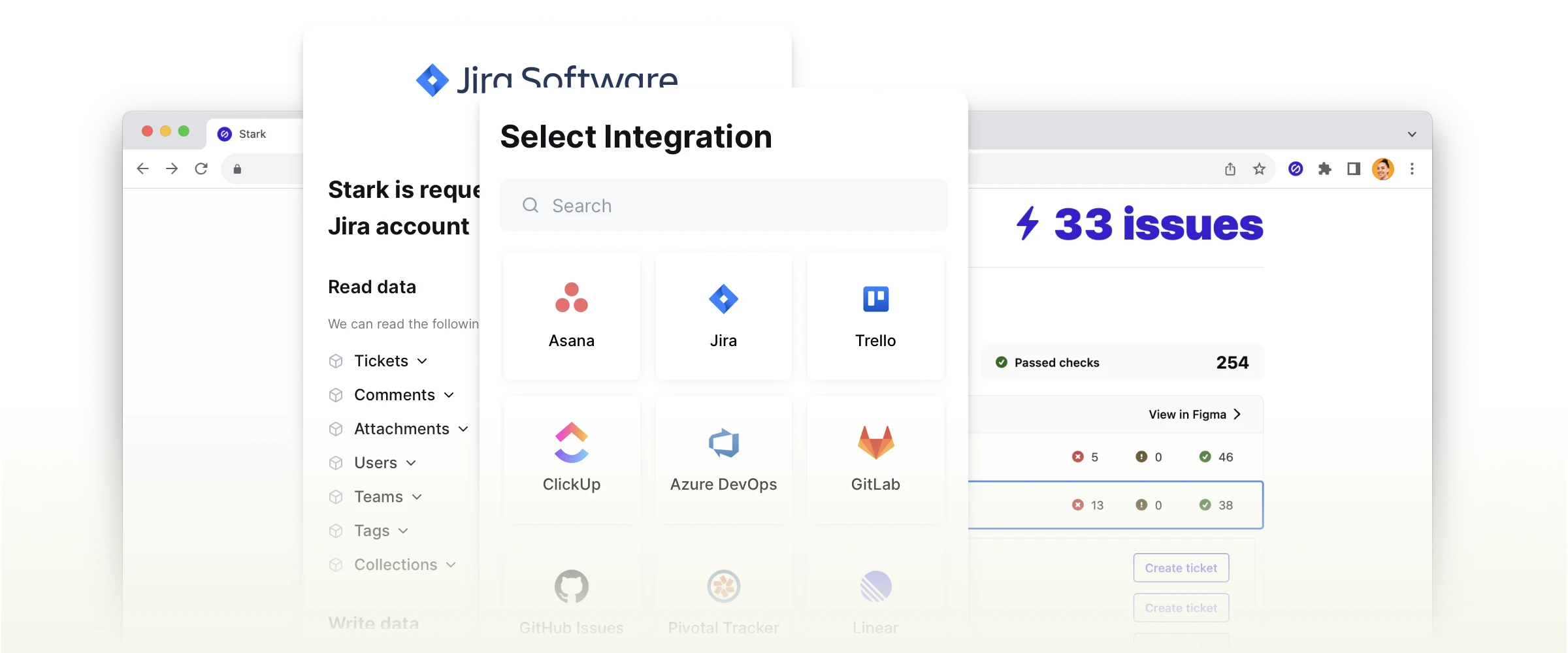 A modal showing Stark's ticketing integrations including Jira, Zendesk, Asana, etc.