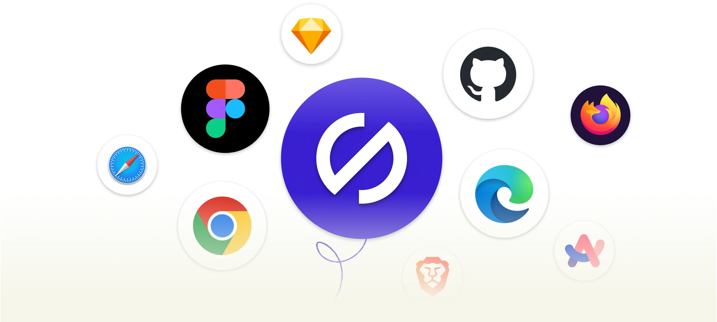 Numerous bubbles of logos with Stark at the center. Surrounding it are logos for design platforms like Sketch and Figma and browsers like Chrome and Edge.