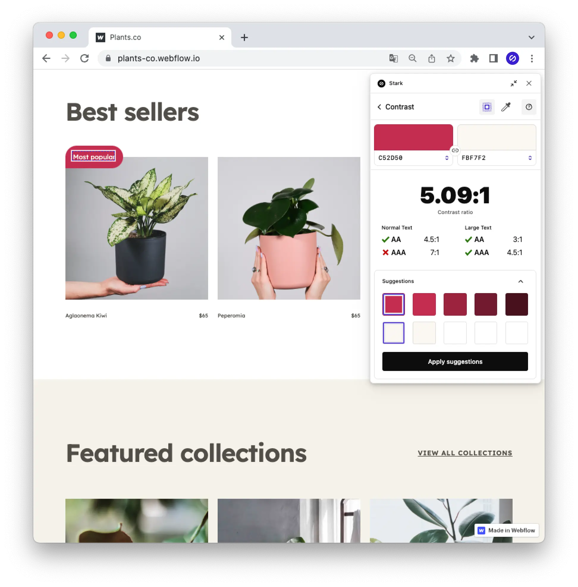 A plants website is shown with Stark's live preview feature allowing a user to directly change a color right in the browser.