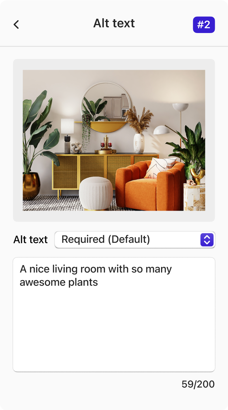 Stark's Alt-Text feature shown with a picture at the top of a room with numerous plants, an orange chair, credenza, circular mirror. Below that is an option to choose whether alt text is required and below that is a textbox allowing the user to provide alt text for the image.