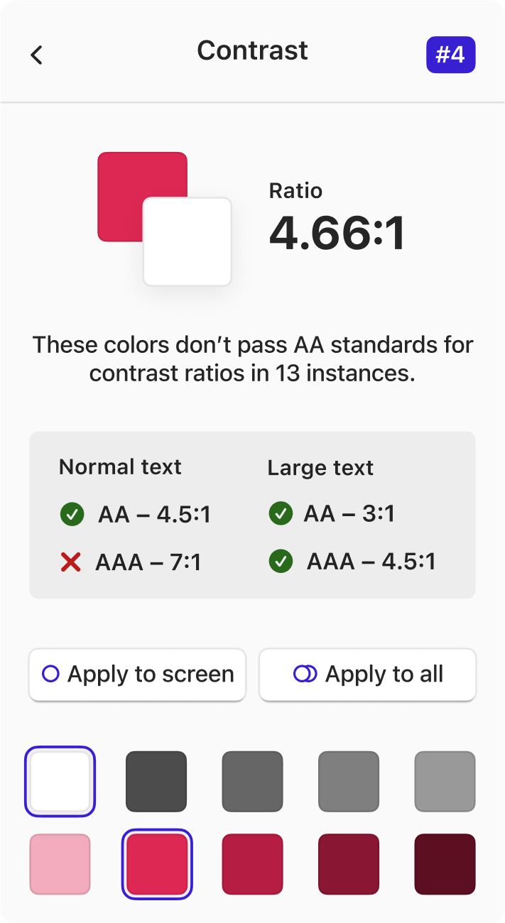 The Stark Contrast Checker showing white and red colors failing AAA WCAG standards and showing two rows of passing suggested colors at the bottom.