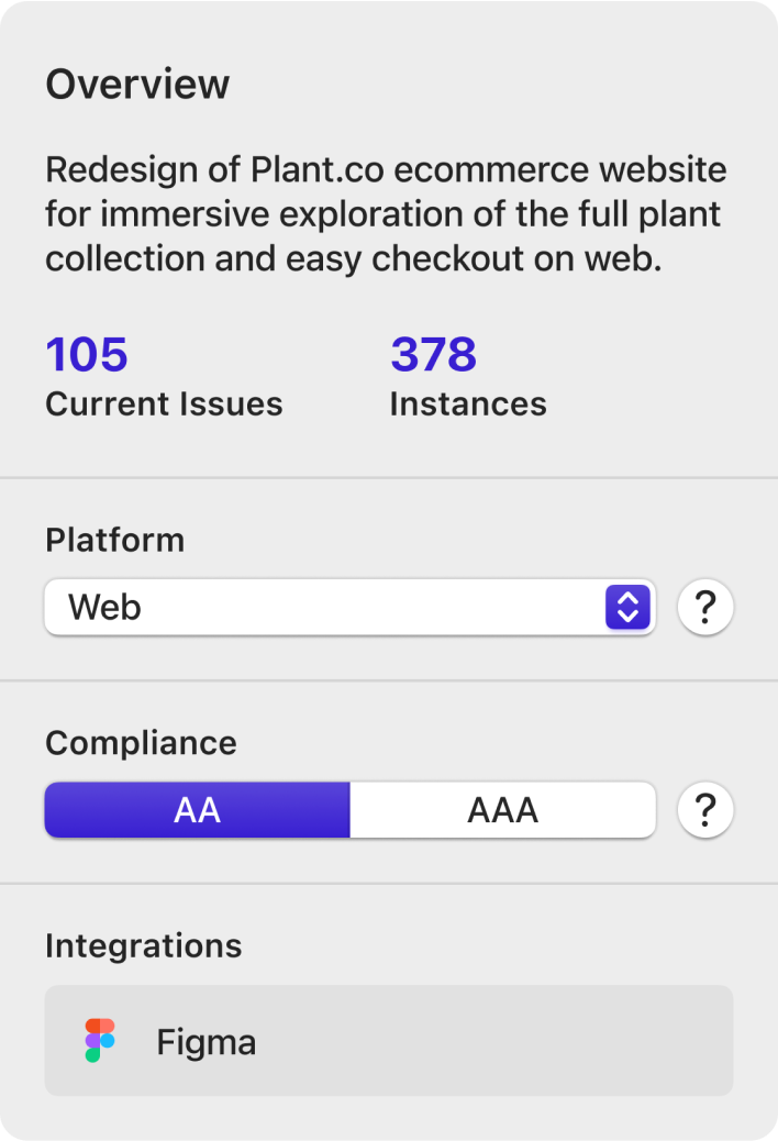 Stark for Mac's sidebar Overview pane is shown with the number of issues, instances, platform selection, compliance selection (either AA or AAA) and a Figma integration connected.