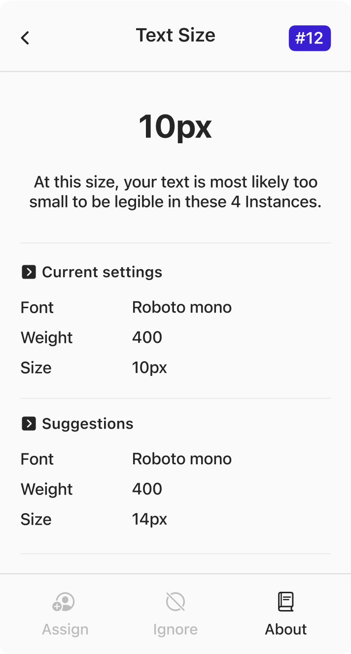 Stark's Typography feature showing the currently selected text layer is only 10px which is too small to be legible. Below that are details on the text (it's Roboto mono with a weight of 400). Below that are suggestions advising the user to increase the size to 14px.