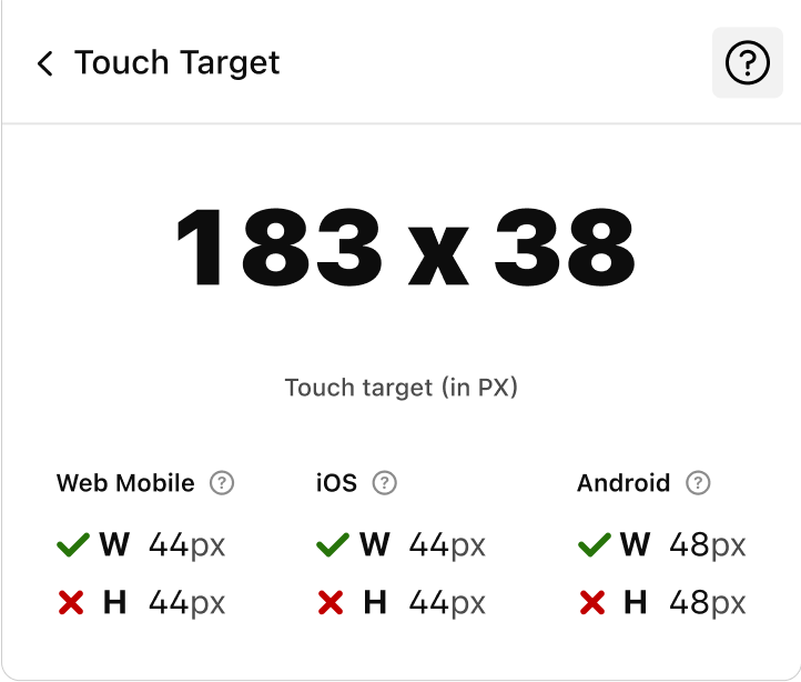 Stark's Touch Target tool showing a layer not meeting Web Mobile, iOS, or Android standards for touch target height.