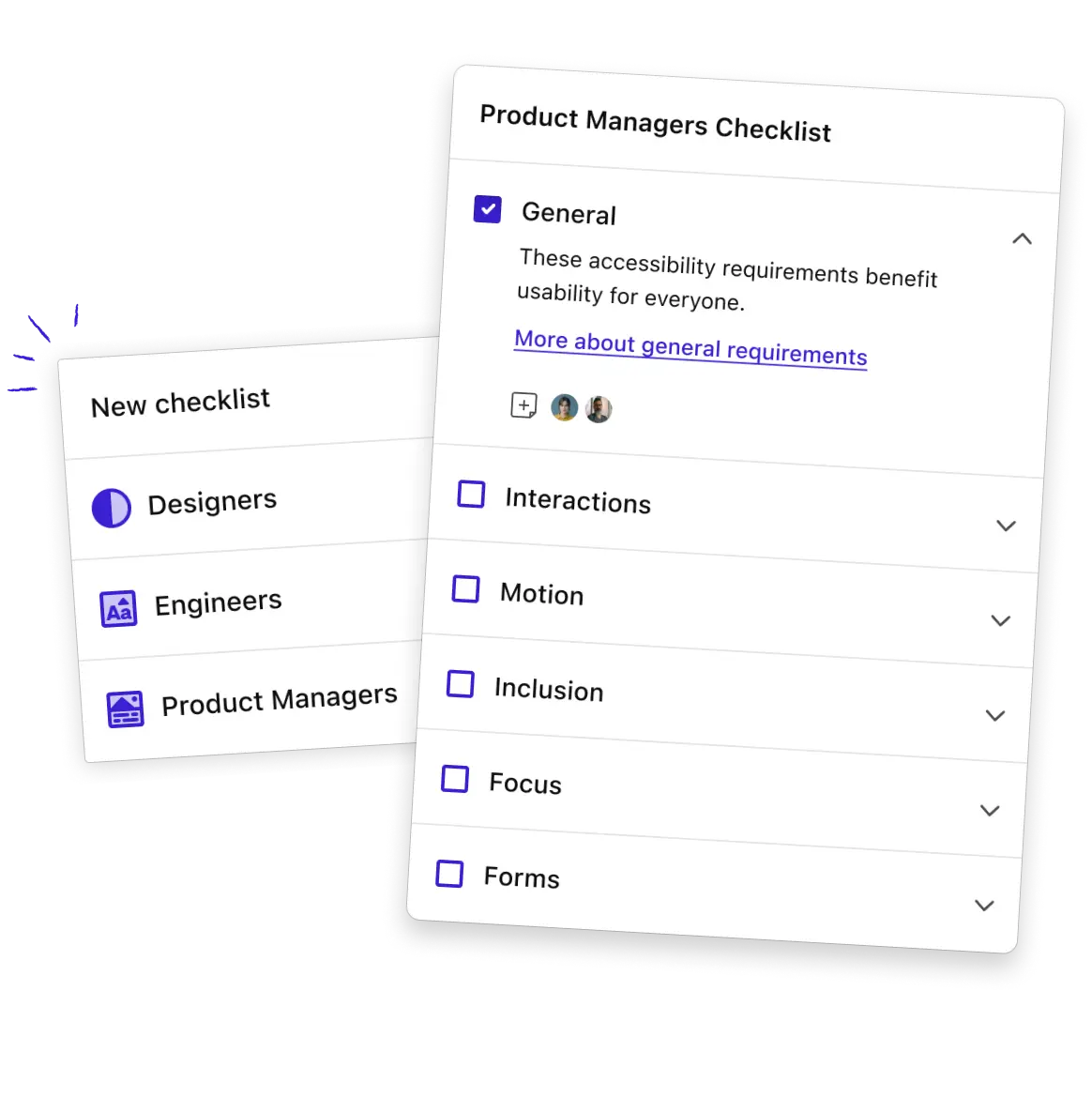 The Stark Project Manager checklist showing the General category expanded. Two users have added comments and there is a link to learn more about General requirements for Project Managers.