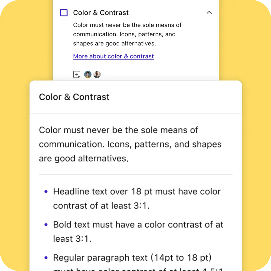 The Color & Contrast popup of the Stark Checklist shown with a bulleted list of things a designer can do to ensure they are adhering to good contrast standards.