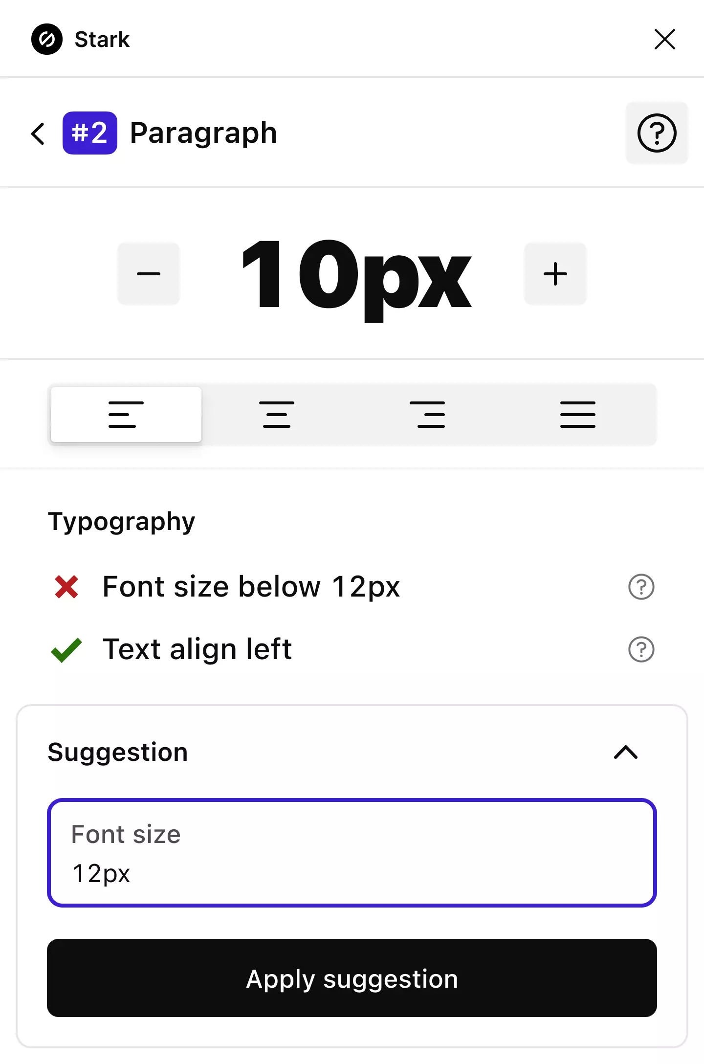 The Stark Typography analyzer showing font details for a design component with options to remedy it by increasing the size.