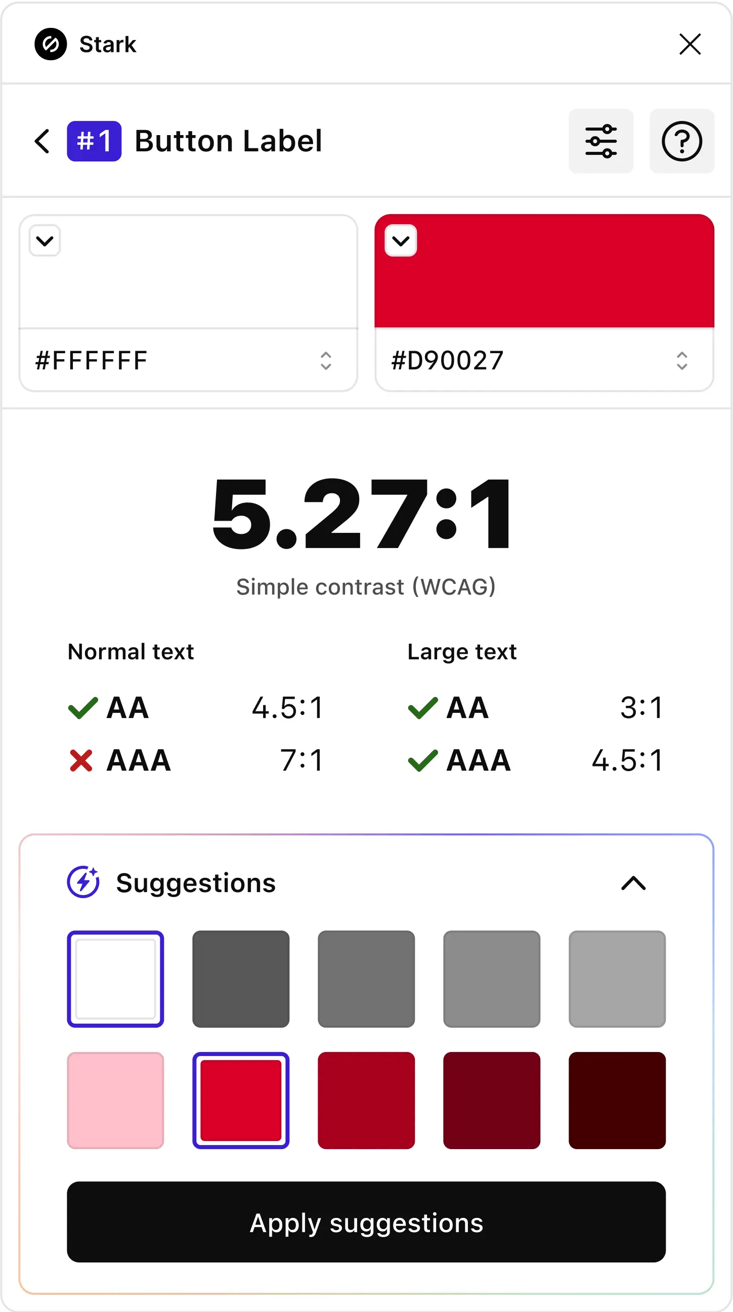 The Stark Contrast Checker tool showing white and red colors failing to meet AAA WCAG standards with a selection of suggested colors shown at the bottom.