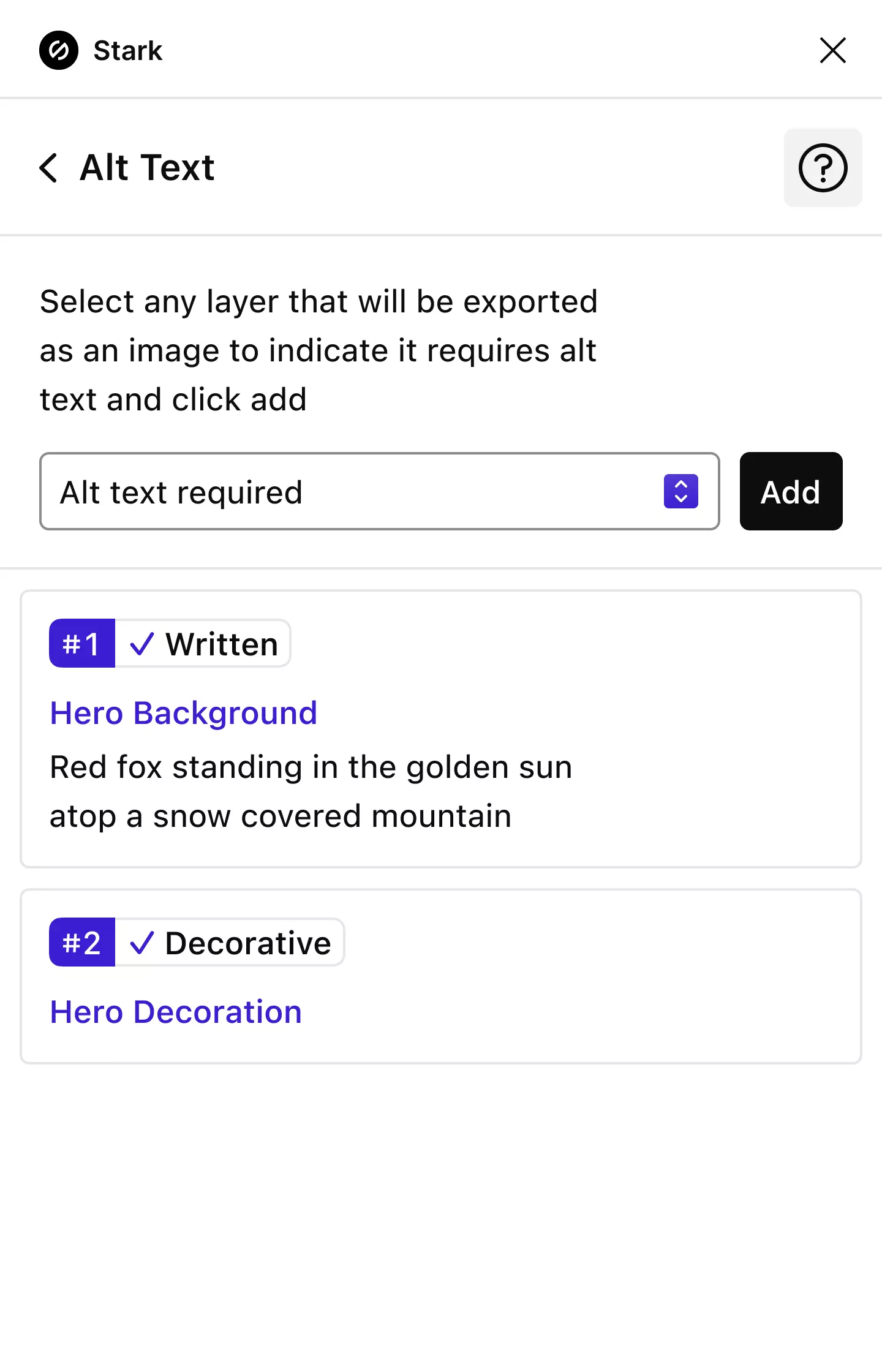 The Stark Alt-Text creator showing instructions for when to add Alt-Text as well as two created annotations: one with the text written and another showing as decorative.